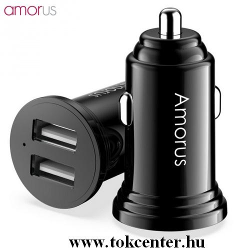 AMORUS szivargyújtó töltő / autós töltő 2 x USB aljzat (1x 5V/1000 mA, 1x 12V/2400mA, gyorstöltés, kábel nélkül) FEKETE	