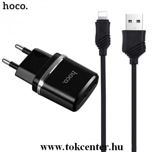 HOCO C12 hálózati töltő 2 x USB aljzat (5V / 2400mA, lightning 8 pin kábel) FEKETE	