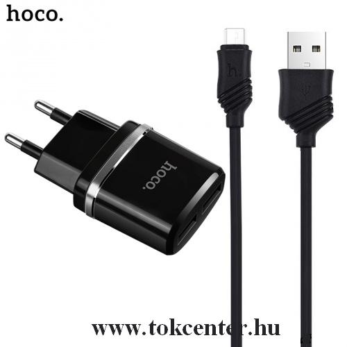 HOCO C12 hálózati töltő 2 x USB aljzat (5V / 2400mA, microUSB kábel) FEKETE	
