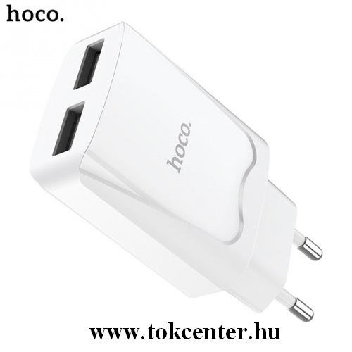 HOCO C52A hálózati töltő 2 x USB aljzat (5V / 2100mA, gyorstöltés támogatás, kábel nélkül) FEHÉR	