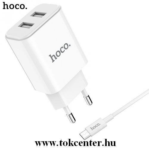 HOCO C62A hálózati töltő 2 x USB aljzat (5V / 2100mA, gyorstöltés támogatás, microUSB kábel) FEHÉR	