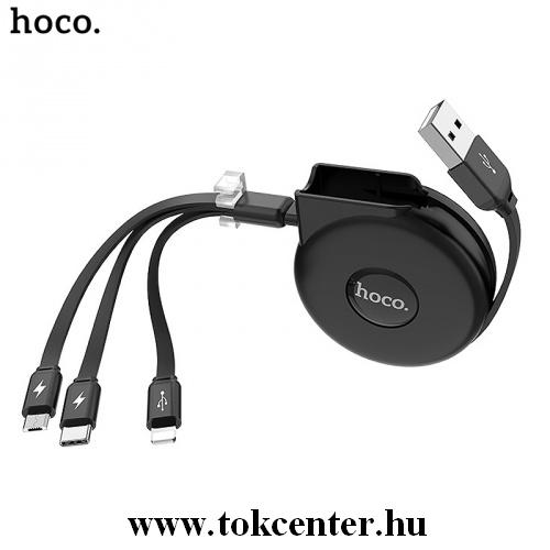 HOCO U50 3in1 töltőkábel (lightning 8 pin, microUSB, Type-C, 1m, felcsévélhető, gyorstöltés támogatás) FEKETE	