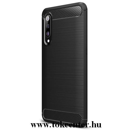 XIAOMI Mi 9 Telefonvédő gumi / szilikon (közepesen ütésálló, légpárnás sarok, szálcsiszolt, karbonminta) FEKETE	