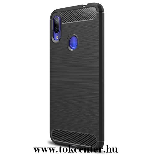 XIAOMI Redmi Note 7 Telefonvédő gumi / szilikon (közepesen ütésálló, légpárnás sarok, szálcsiszolt, karbonminta) FEKETE	