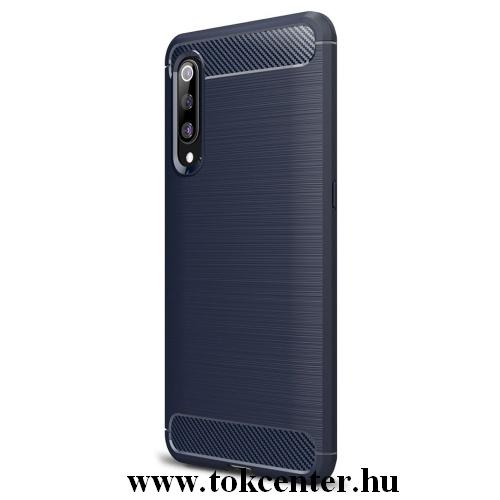 XIAOMI Mi 9 Telefonvédő gumi / szilikon (közepesen ütésálló, légpárnás sarok, szálcsiszolt, karbonminta) SÖTÉTKÉK	