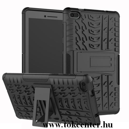 LENOVO Tab E7 (TB-7104F) Defender műanyag telefonvédő (közepesen ütésálló, gumi / szilikon belső, kitámasztó, autógumi minta) FEKETE	