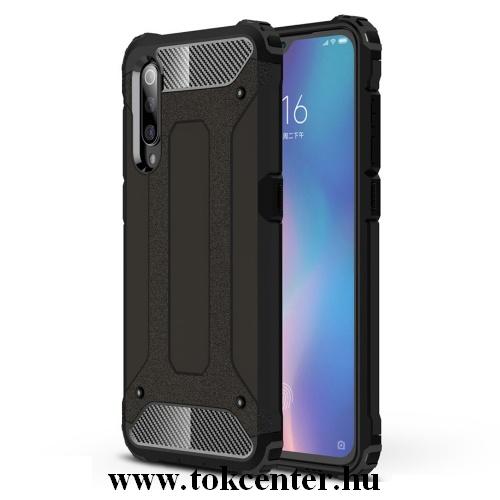XIAOMI Mi 9 Defender műanyag telefonvédő (közepesen ütésálló, légpárnás sarok, gumi / szilikon belső, fémhatás) FEKETE	