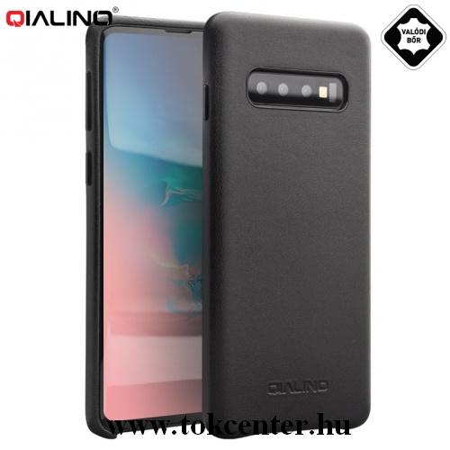 SAMSUNG Galaxy S10 (SM-G973) QIALINO műanyag telefonvédő (valódi bőrbevonat) FEKETE	