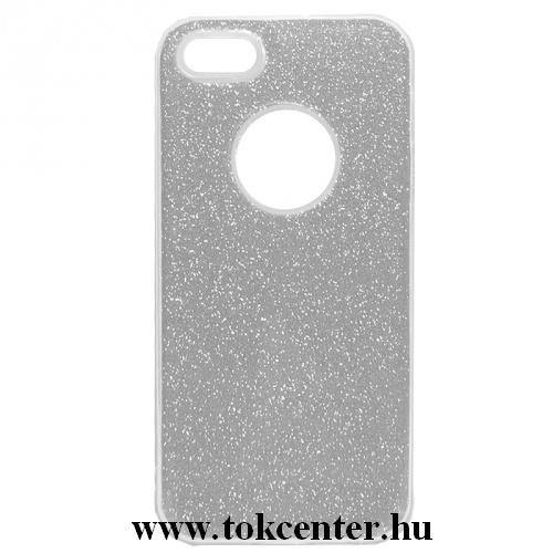 APPLE IPhone 5 5S SE Telefonvédő gumi / szilikon (műanyag belső, csillogó hátlap, logo kivágás) EZÜST	