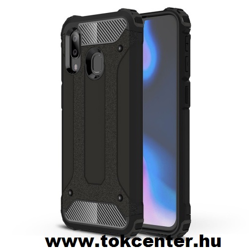 SAMSUNG Galaxy A40 (SM-405F) Defender műanyag telefonvédő (közepesen ütésálló, gumi / szilikon belső, fémhatás) FEKETE	