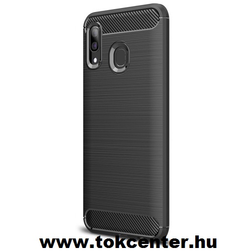 SAMSUNG Galaxy A40 (SM-405F) Telefonvédő gumi / szilikon (közepesen ütésálló, légpárnás sarok, szálcsiszolt, karbonminta) FEKETE	