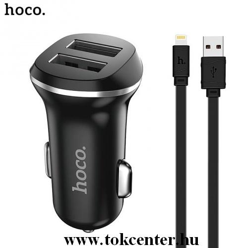 HOCO Z1 szivargyújtó töltő/autós töltő 2 x USB aljzat (5V / 2100mA, gyorstöltés támogatás, lightning 8 pin kábel) FEKETE	
