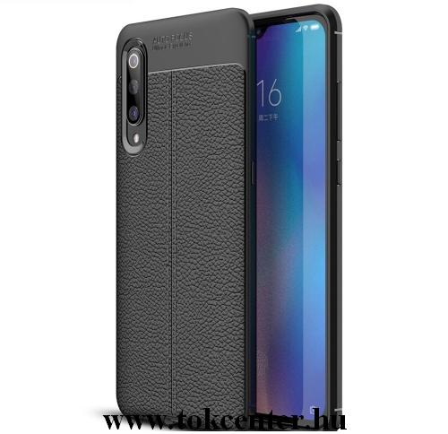 XIAOMI Mi 9 Telefonvédő gumi / szilikon (közepesen ütésálló, bőrhatás, varrás minta) FEKETE	