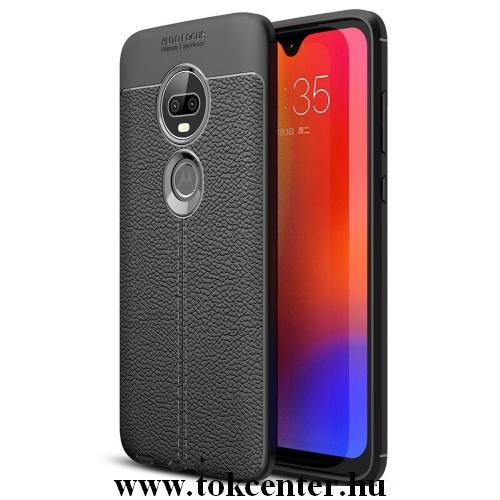 MOTOROLA Moto G7 (XT1962) Telefonvédő gumi / szilikon (közepesen ütésálló, bőrhatás, varrás minta) FEKETE	