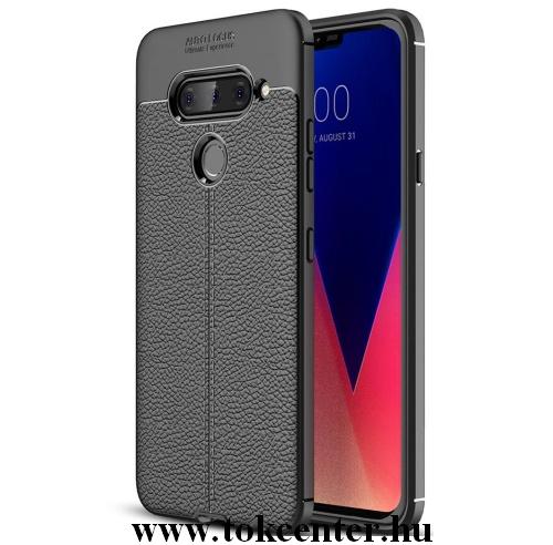 LG V40 ThinQ Telefonvédő gumi / szilikon (közepesen ütésálló, bőrhatás, varrás minta) FEKETE	