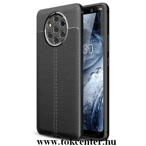 NOKIA 9 PureView Telefonvédő gumi / szilikon (közepesen ütésálló, bőrhatás, varrás minta) FEKETE	