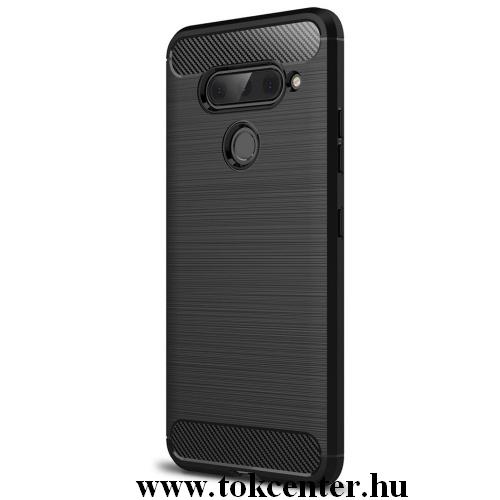LG V40 ThinQ Telefonvédő gumi / szilikon (közepesen ütésálló, légpárnás sarok, szálcsiszolt, karbonminta) FEKETE	