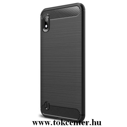 SAMSUNG Galaxy A10 (SM-105F) Telefonvédő gumi / szilikon (közepesen ütésálló, légpárnás sarok, szálcsiszolt, karbonminta) FEKETE	