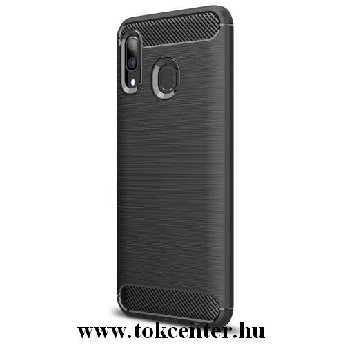 SAMSUNG Galaxy A20 (SM-205F) /SAMSUNG Galaxy A30 (SM-305F) Telefonvédő gumi / szilikon (közepesen ütésálló, légpárnás sarok, szálcsiszolt, karbonminta) FEKETE	