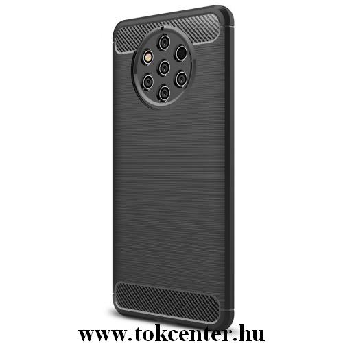 NOKIA 9 PureView Telefonvédő gumi / szilikon (közepesen ütésálló, légpárnás sarok, szálcsiszolt, karbonminta) FEKETE	