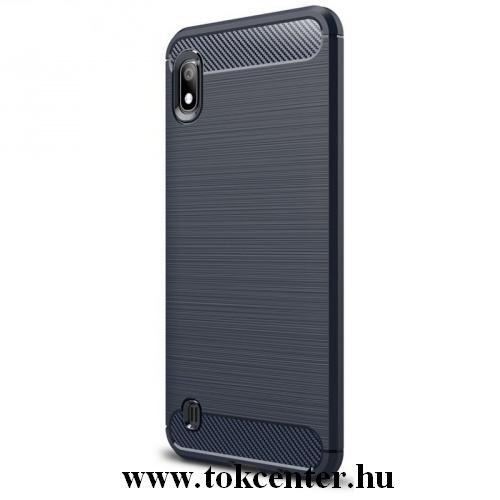 SAMSUNG Galaxy A10 (SM-105F) Telefonvédő gumi / szilikon (közepesen ütésálló, légpárnás sarok, szálcsiszolt, karbonminta) KÉK	