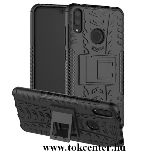 HUAWEI Y7 2019 (Y7 Prime 2019) Defender műanyag telefonvédő (közepesen ütésálló, gumi / szilikon belső, kitámasztó, autógumi minta) FEKETE	