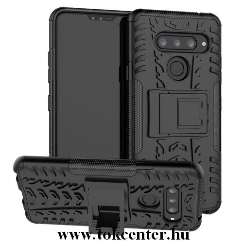 XIAOMI Redmi Note 7 Defender műanyag telefonvédő (közepesen ütésálló, gumi / szilikon belső, kitámasztó, autógumi minta) FEKETE	