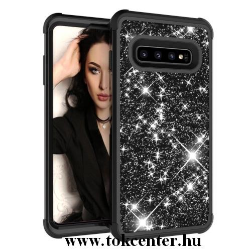 SAMSUNG Galaxy S10 (SM-G973) Műanyag telefonvédő (szilikon keret, közepesen ütésálló, légpárnás sarok, csillámporos) FEKETE	