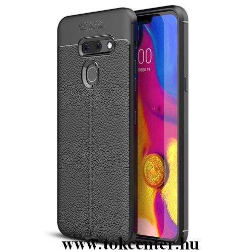 LG G8 ThinQ (G820Q) Telefonvédő gumi / szilikon (közepesen ütésálló, bőrhatás, varrás minta) FEKETE	