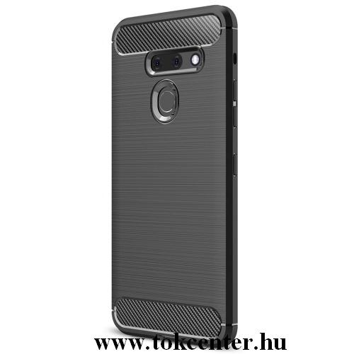 LG G8 ThinQ (G820Q) Telefonvédő gumi / szilikon (közepesen ütésálló, légpárnás sarok, szálcsiszolt, karbonminta) FEKETE	