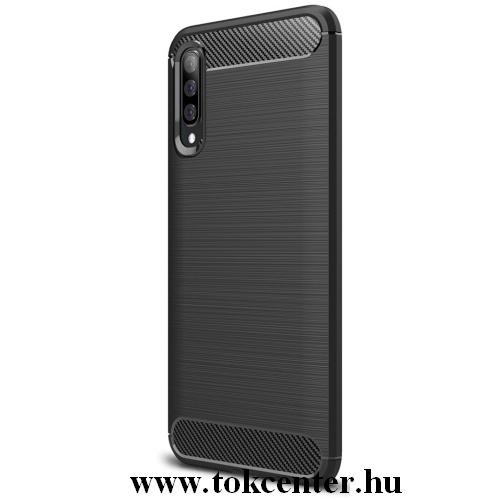 Samsung Galaxy A30s (SM-A307F) /Samsung Galaxy A50 (SM-A505F) Telefonvédő gumi / szilikon (közepesen ütésálló, légpárnás sarok, szálcsiszolt, karbonminta) FEKETE	