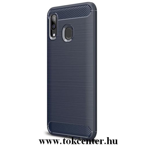 SAMSUNG Galaxy A40 (SM-405F) Telefonvédő gumi / szilikon (közepesen ütésálló, légpárnás sarok, szálcsiszolt, karbonminta) SÖTÉTKÉK	