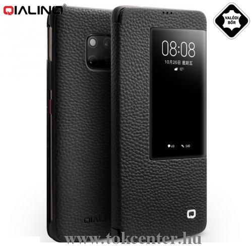 HUAWEI Mate 20 Pro QIALINO tok álló, valódi bőr (aktív flip, oldalra nyíló, View Window, érdes felületű) FEKETE	