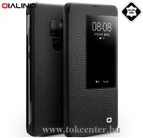 HUAWEI Mate 20 QIALINO tok álló, valódi bőr (aktív flip, oldalra nyíló, View Window, érdes felületű) FEKETE	