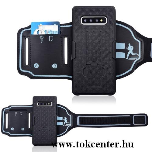 SAMSUNG Galaxy S10 (SM-G973) Műanyag telefonvédő (karpánt, sportoláshoz, kitámasztó) FEKETE	