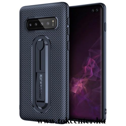 SAMSUNG Galaxy S10 Plus (SM-G975) Műanyag telefonvédő (közepesen ütésálló, kitámasztó, karbon minta) SÖTÉTKÉK	