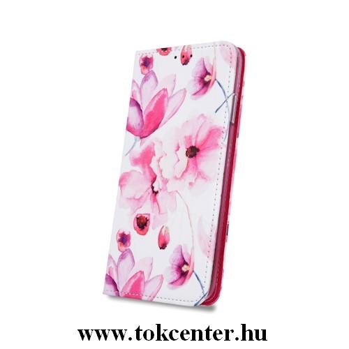 Huawei Y6 2019 Pink Flowers mintás szilikon keretes könyvtok, Oldalra nyíló, Kitámasztható