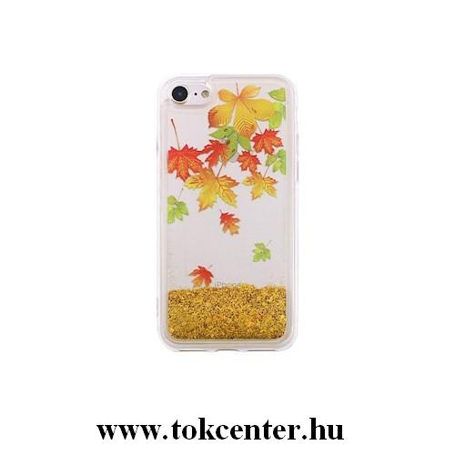 Apple iPhone 7 Plus (5,5) / Apple iPhone 8 Plus (5,5) levél mintás arany folyékony csillámos hátlap tok