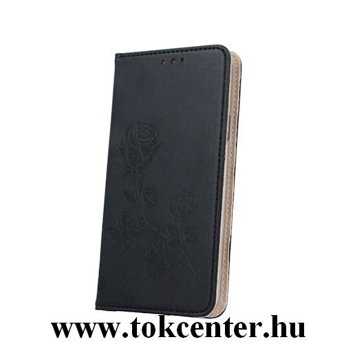 iPhone 6 / iPhone 6S (4,7) Telefonvédő (rózsa mintás) szilikon keretes könyvtok, FEKETE