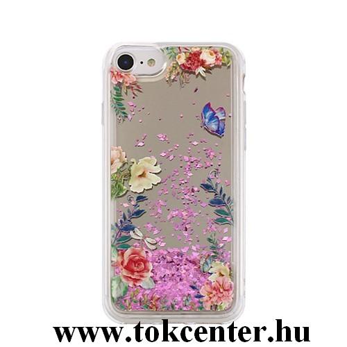 Apple iPhone X / Apple iPhone XS (5,8) Telefonvédő hátlap (rózsa mintás, folyékony csillámos) SZÍNES