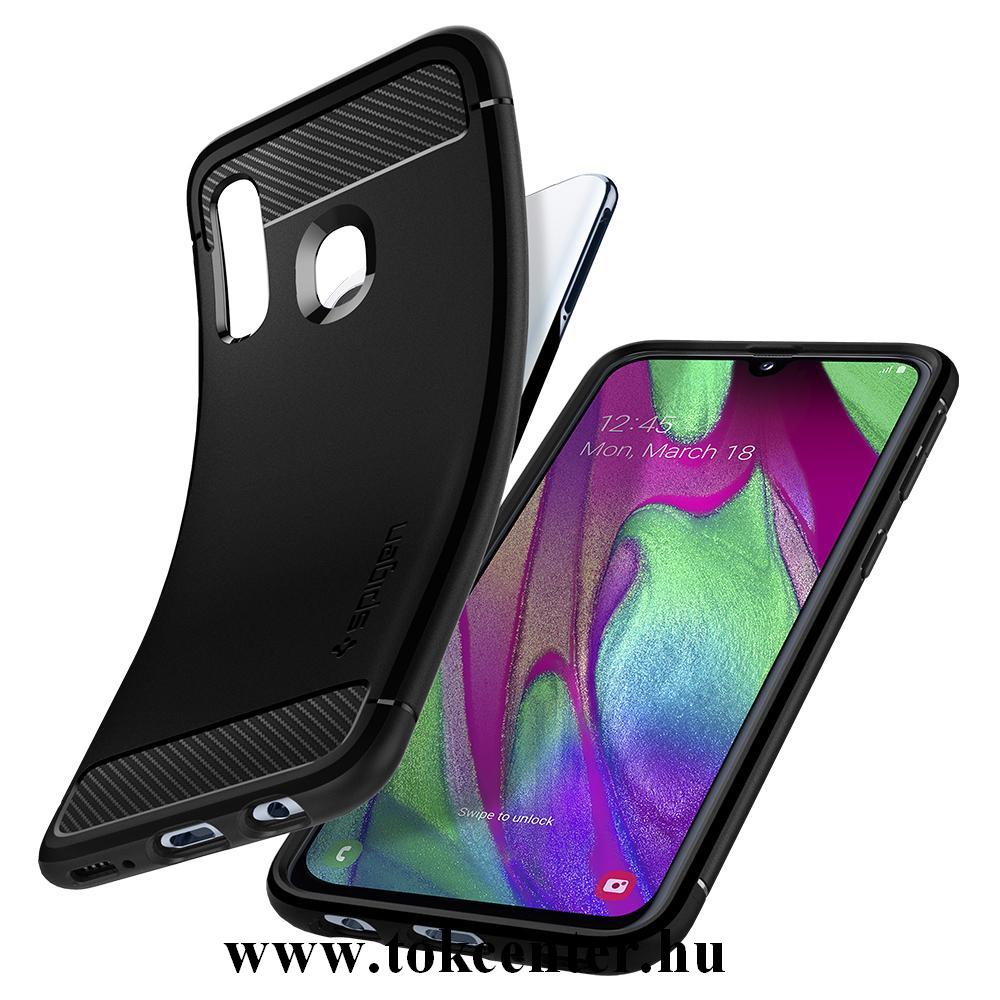 Samsung Galaxy A40 (SM-A405F) SPIGEN RUGGED ARMOR telefonvédő gumi / szilikon (közepesen ütésálló, légpárnás sarok, karbonminta) FEKETE