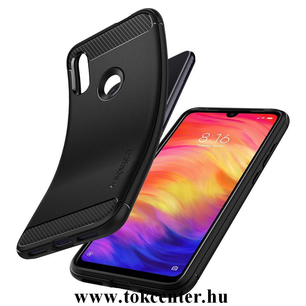 Xiaomi Redmi Note 7 SPIGEN RUGGED ARMOR telefonvédő gumi / szilikon (közepesen ütésálló, légpárnás sarok, karbonminta) FEKETE