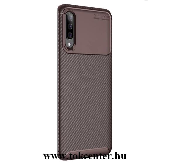 Samsung Galaxy A70 (SM-A705F) Telefonvédő gumi / szilikon (közepesen ütésálló, légpárnás sarok, karbonminta) BARNA