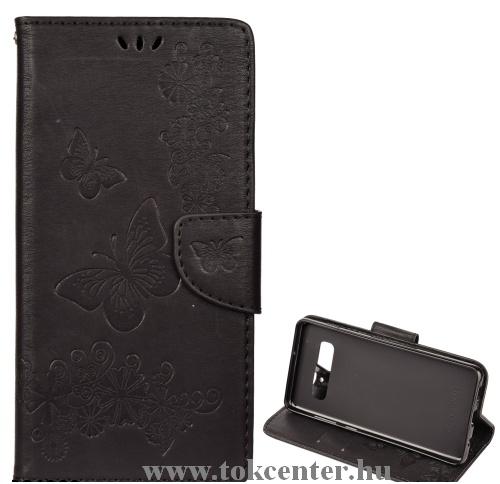 Huawei Y7 2019 (Y7 Prime 2019) Tok álló, bőr (FLIP, oldalra nyíló, asztali tartó funkció, csuklópánt, pillangó minta) FEKETE