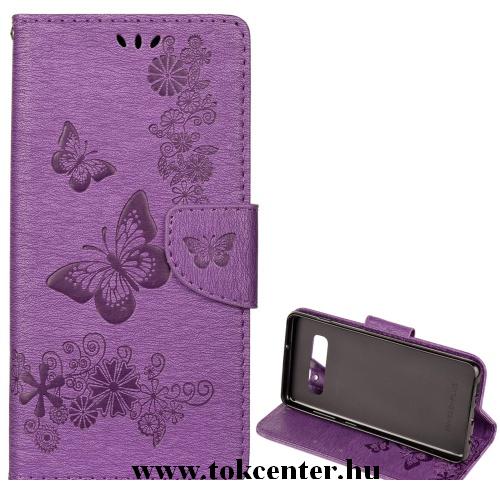 Huawei Y6 2019 (Y6 Prime 2019) Tok álló, bőr (FLIP, oldalra nyíló, asztali tartó funkció, csuklópánt, pillangó minta) LILA