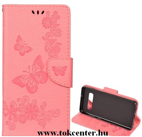 Huawei Y7 2019 (Y7 Prime 2019) Tok álló, bőr (FLIP, oldalra nyíló, asztali tartó funkció, csuklópánt, pillangó minta) RÓZSASZÍN