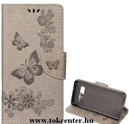 Huawei Y6 2019 (Y6 Prime 2019) Tok álló, bőr (FLIP, oldalra nyíló, asztali tartó funkció, csuklópánt, pillangó minta) SZÜRKE