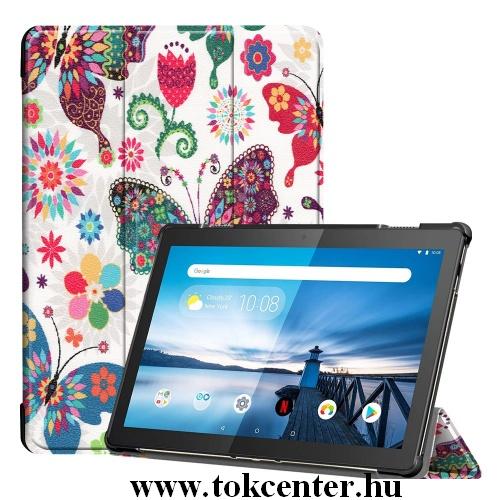 Samsung Galaxy Tab A 10.1 LTE (2019) SM-T515 /Samsung Galaxy Tab A 10.1 WIFI (2019) SM-T510 Tok álló, bőr (aktív flip, oldalra nyíló, TRIFOLD asztali tartó funkció, pillangó, virágminta) FEHÉR