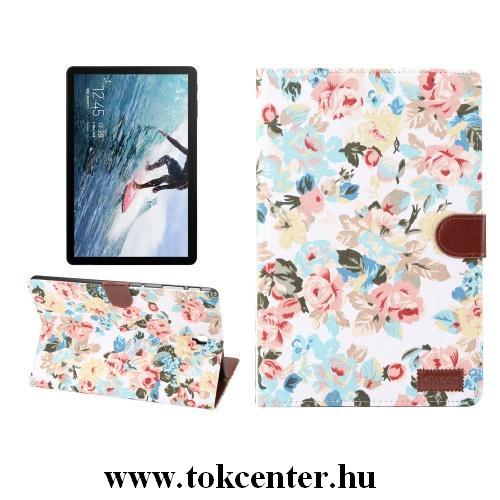 Samsung Galaxy Tab A 10.1 LTE (2019) SM-T515 /Samsung Galaxy Tab A 10.1 WIFI (2019) SM-T510 Tok álló, bőr (FLIP, oldalra nyíló, asztali tartó funkció, textil bevonat, virágminta) FEHÉR