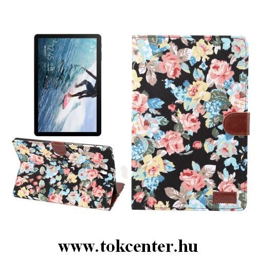 Samsung Galaxy Tab A 10.1 LTE (2019) SM-T515 /Samsung Galaxy Tab A 10.1 WIFI (2019) SM-T510 Tok álló, bőr (FLIP, oldalra nyíló, asztali tartó funkció, textil bevonat, virágminta) FEKETE